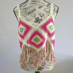 VERY J | Women's Multicolor Fitted Fringe Cropped Crochet Crop  Top